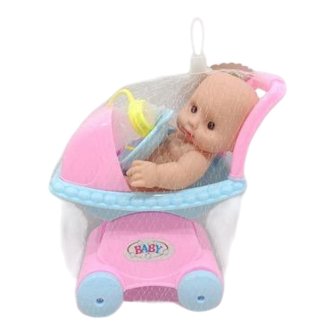 Baby Doll With Pink Stroller/ Pram & Accessories