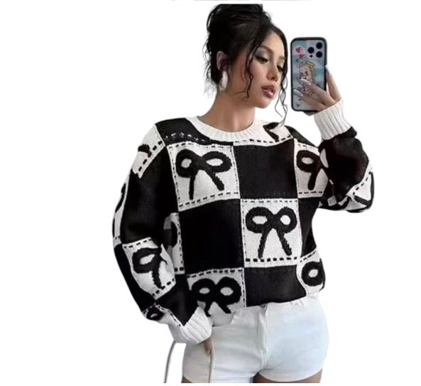 Ladies Coquette-Aesthetic Checkered Bow Knit Sweater-Various Colours