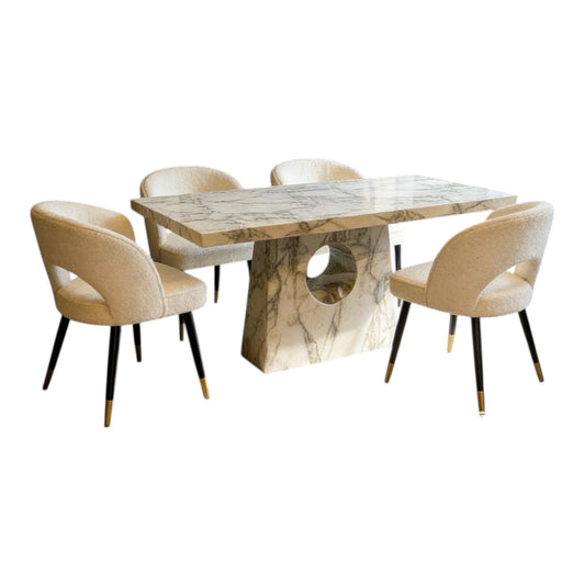 MFurn Nordic Styled Faux Marble Stone Dining Table Set Inc 6 Chairs