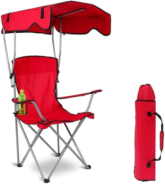 Tent Folding Chair With Sun Canopy – Portable Shade Camping Chair for Outdoor, Beach & Sports - Red Only