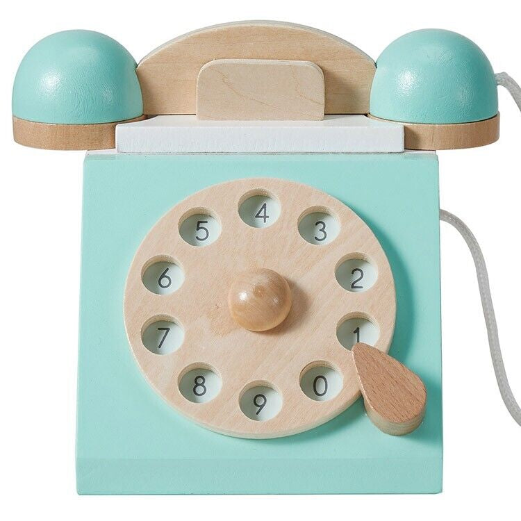 Kids Baby Wooden Pretend Retro Phone Toy Antique Dial Telephone Rotary Design