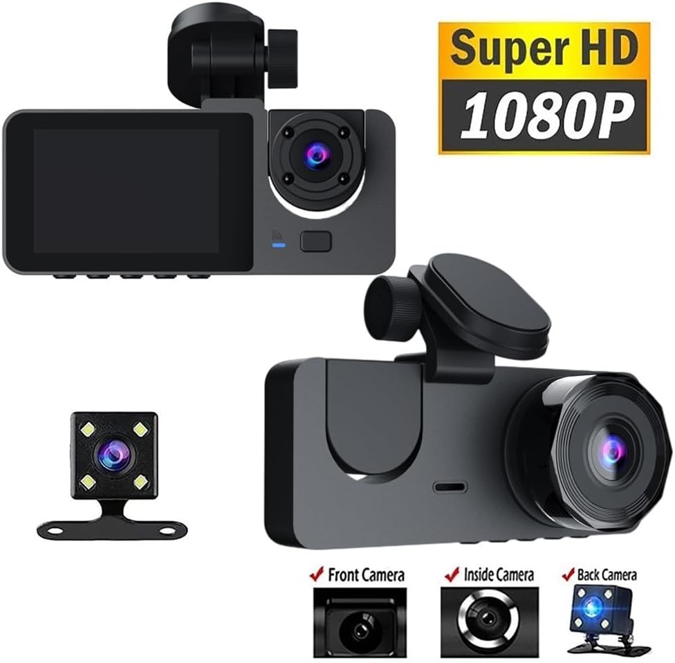 1080P 3-Lens Car Dash Camera – Front, Rear & Inside DVR with Night Vision, G-Sensor & 24H Parking Record