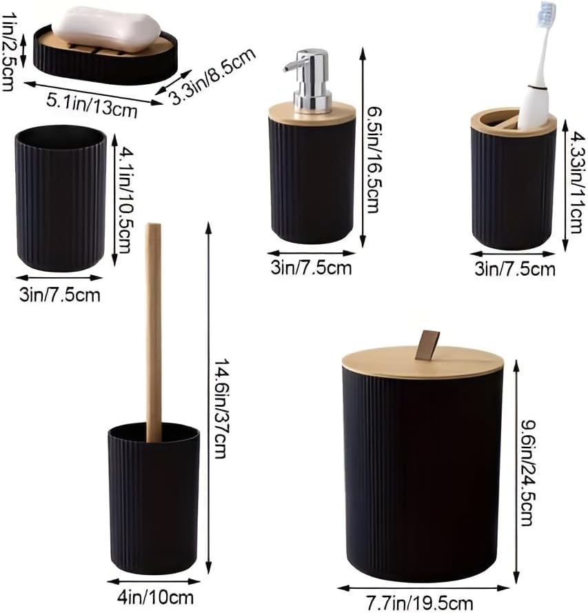 MHome 6Pc Bathroom Accessory Set With Wooden Lid – Modern Bathroom Décor Essentials