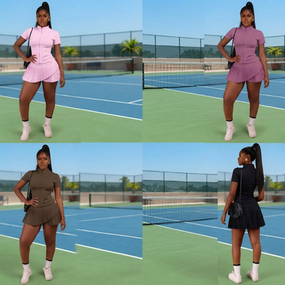 Women’s Short Sleeve Pleated Tennis Dress with Built-In Shorts