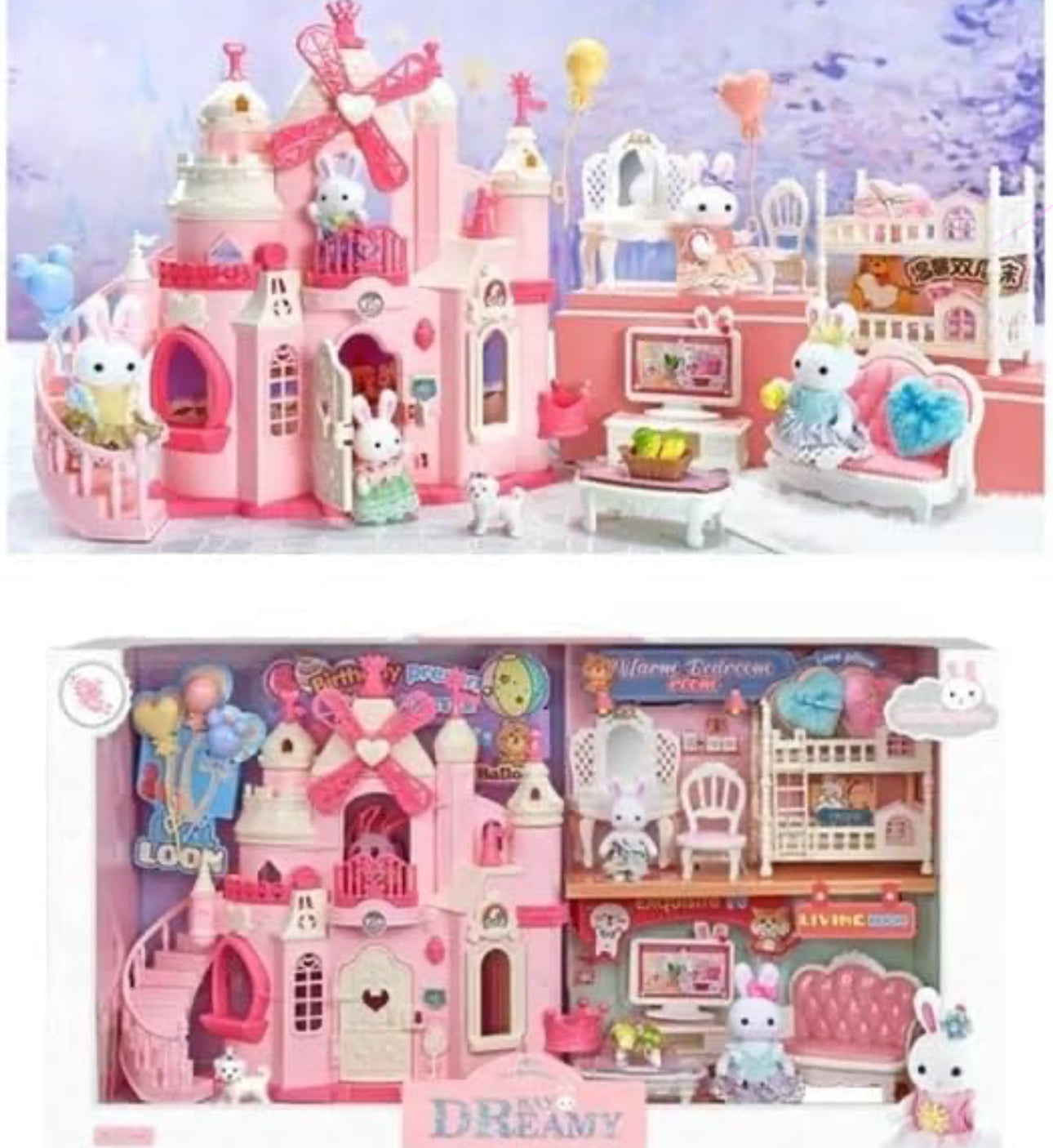 Generic Bunny Big Castle Villa Dessert House Living Room Bedroom Bunk Bed Girls Playing House Children's Toys Doll House for Kids