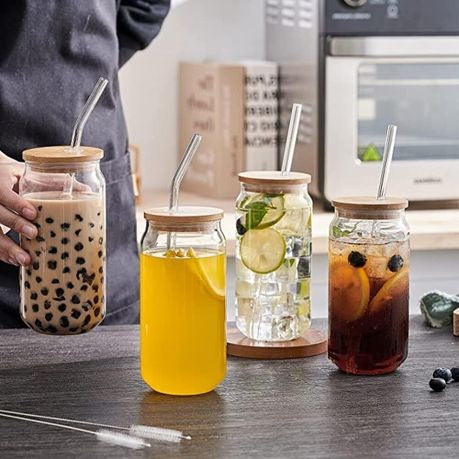 MHome 4-Piece Drinking Glass Set with Bamboo Lids & Glass Straws (380ml)