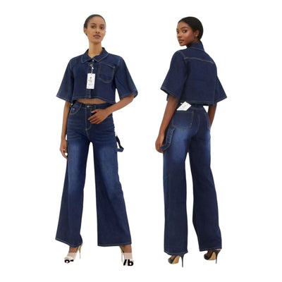 Ladies Chic Denim Cargo Wide Bottom Jean with Cropped Denim Top-Various Sizes