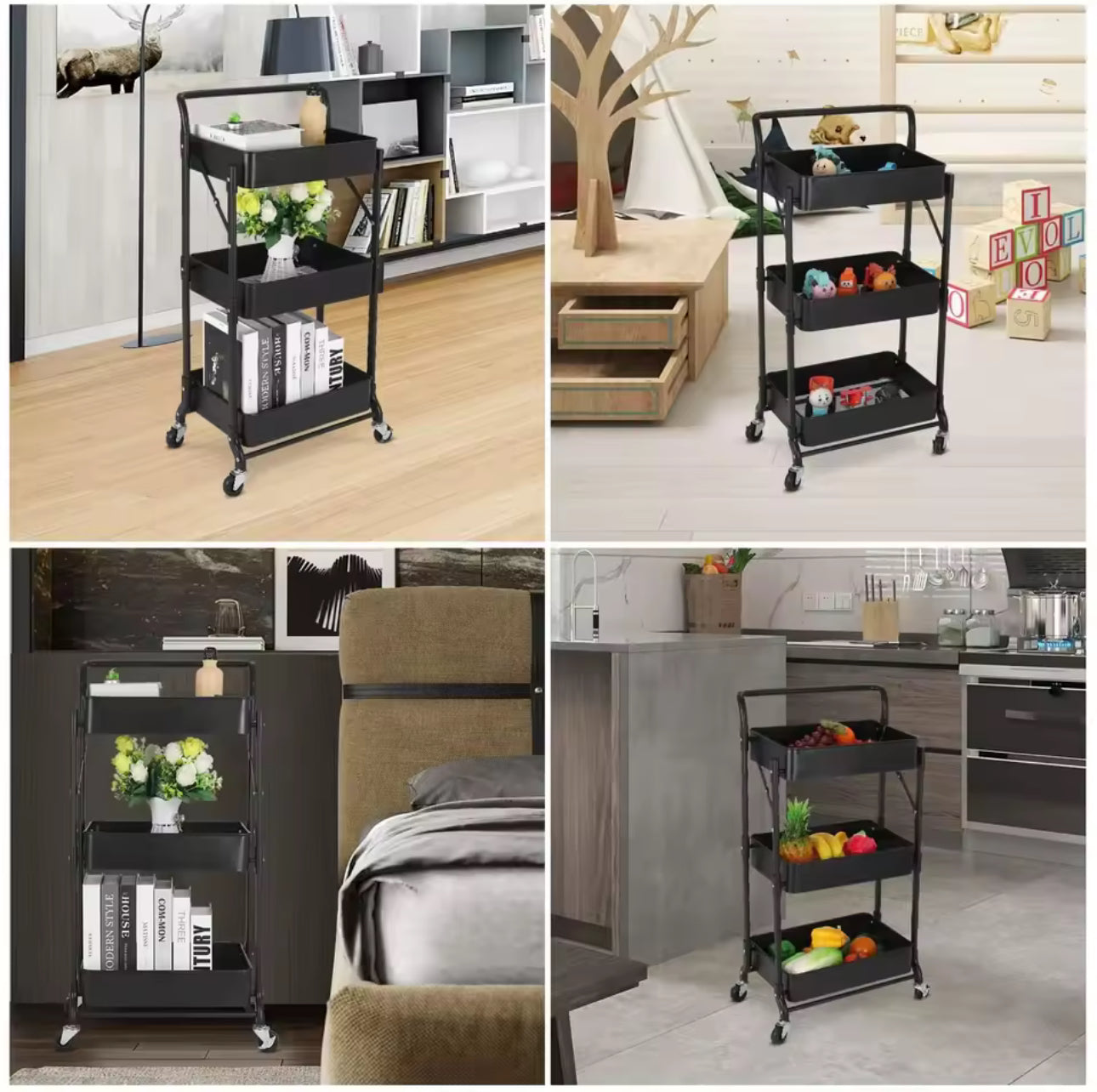 MHome 3-Tier Foldable Metal Kitchen Trolley – Utility Shelf on Wheels