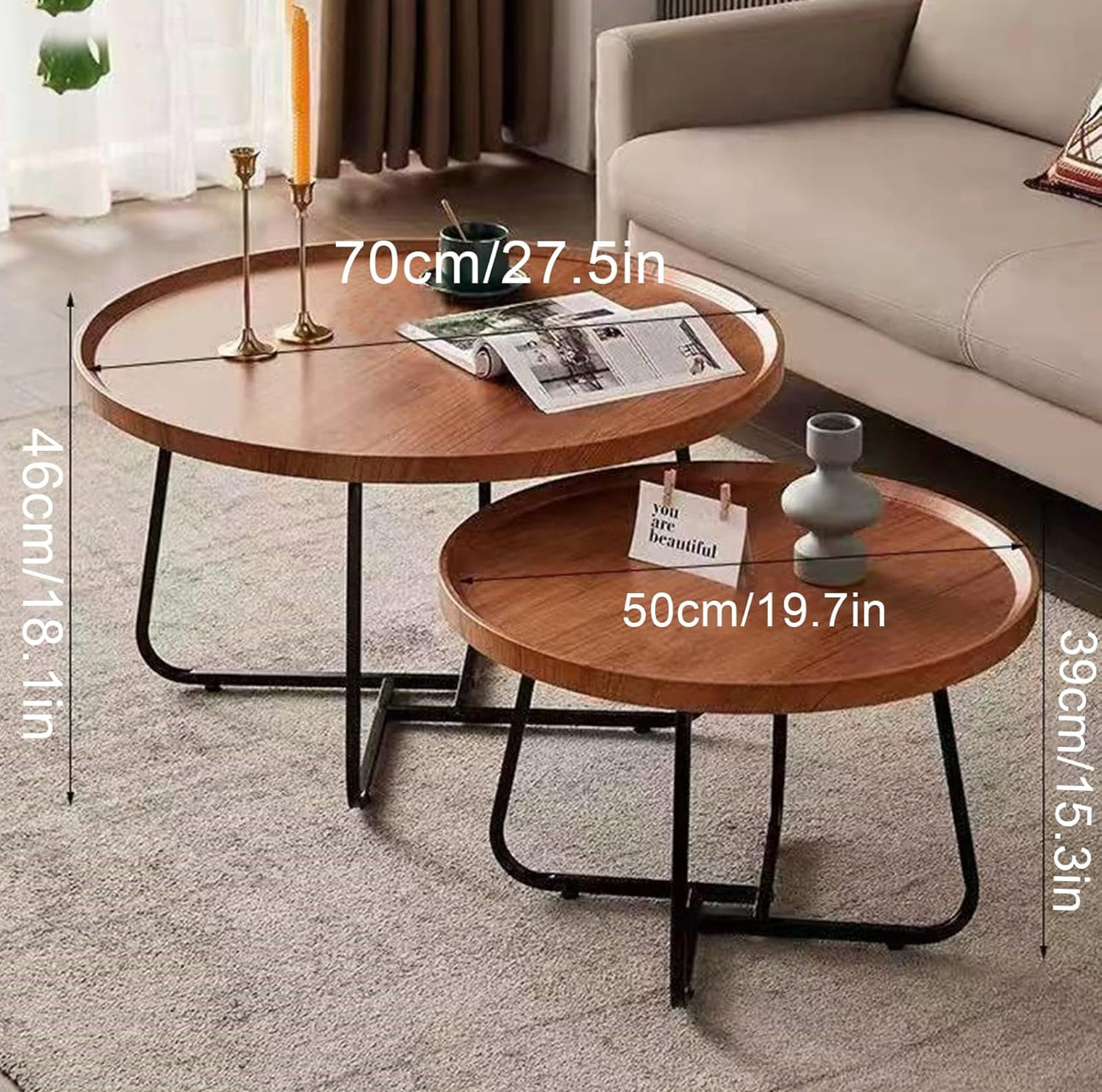 MFurn 2-Piece Round Coffee Table Set – Modern Wood Raised Edge with Metal Frame