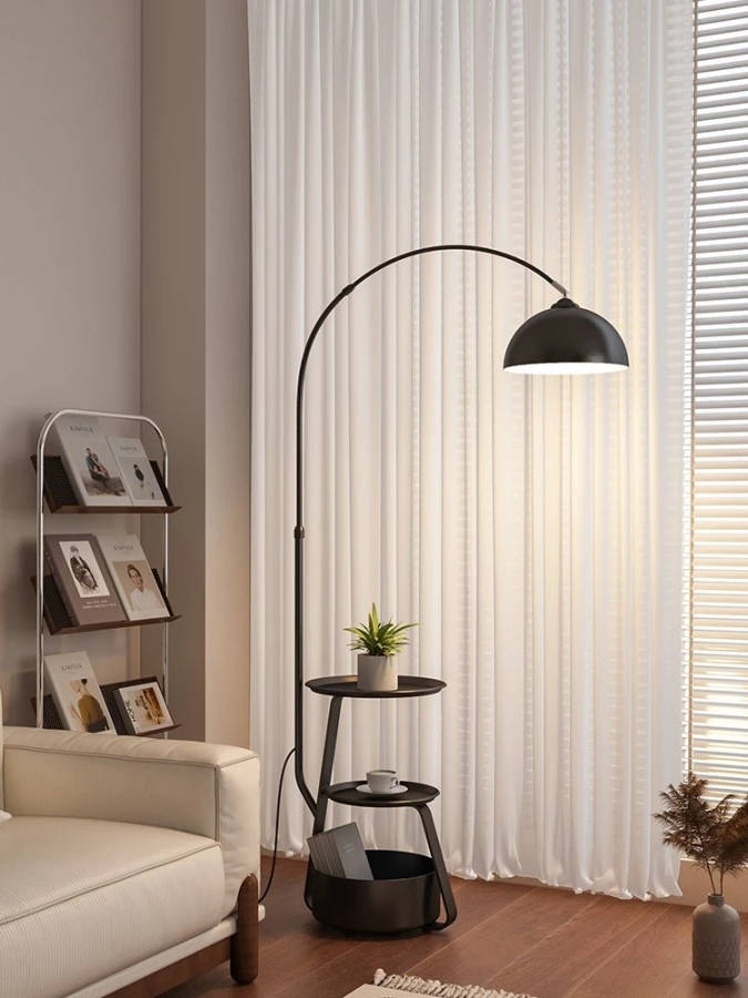 MHome  3-in-1 Arc Floor Lamp with Side Table & Storage Shelf
