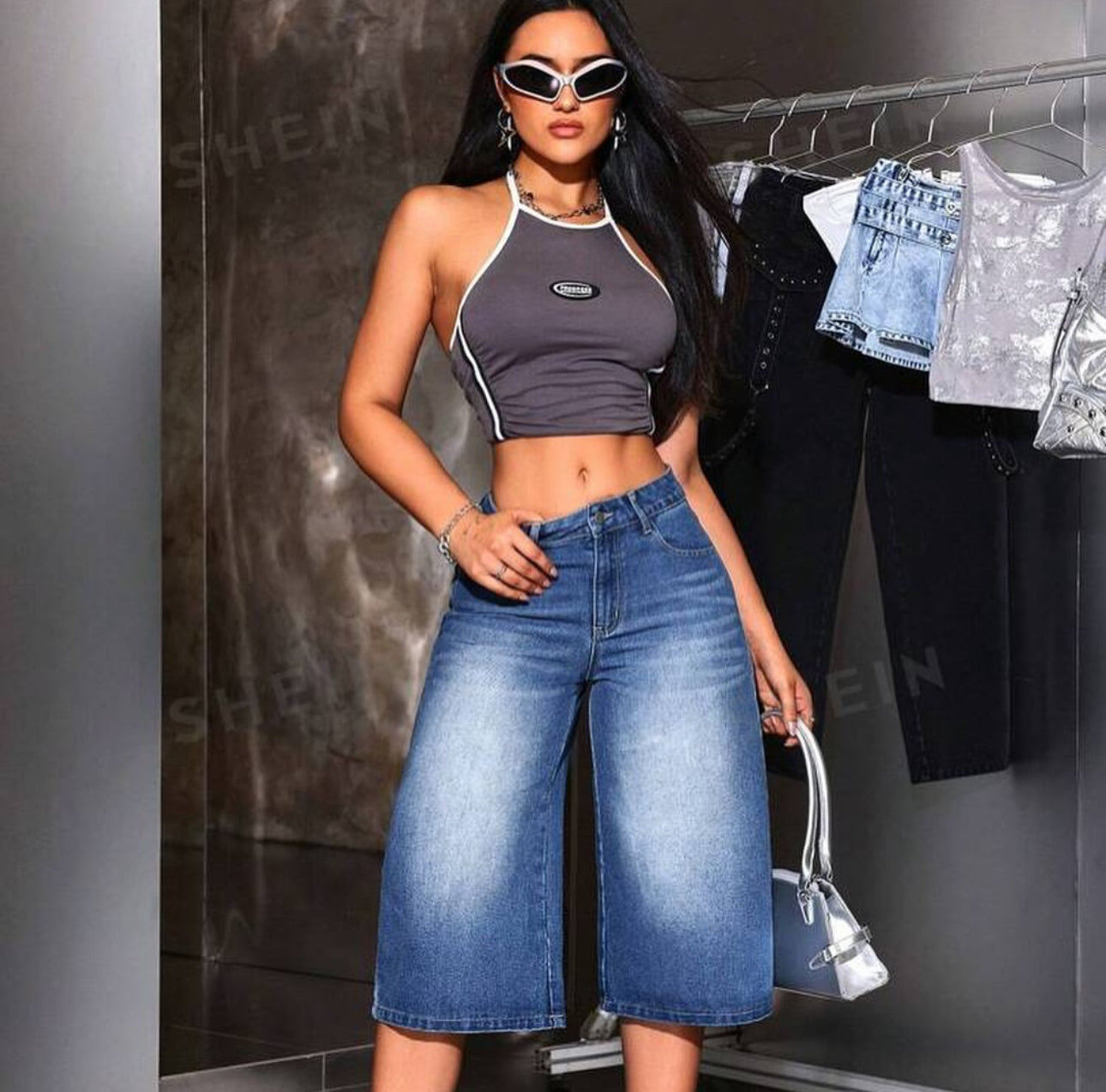 Ladies Long Wide Leg Denim Shorts