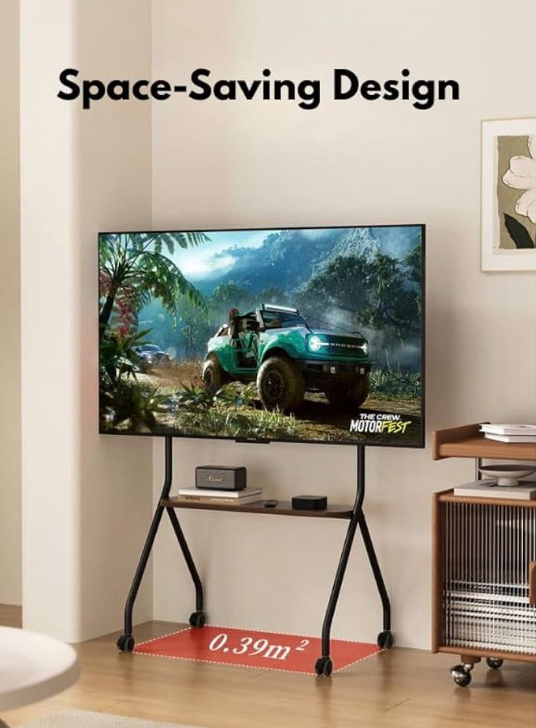 MTech Mobile TV Stand with Game Console Mount, Black, Carbon Steel & Wood, Fits 49-75 inch TVs, 360° Wheels, Height Adjustable
