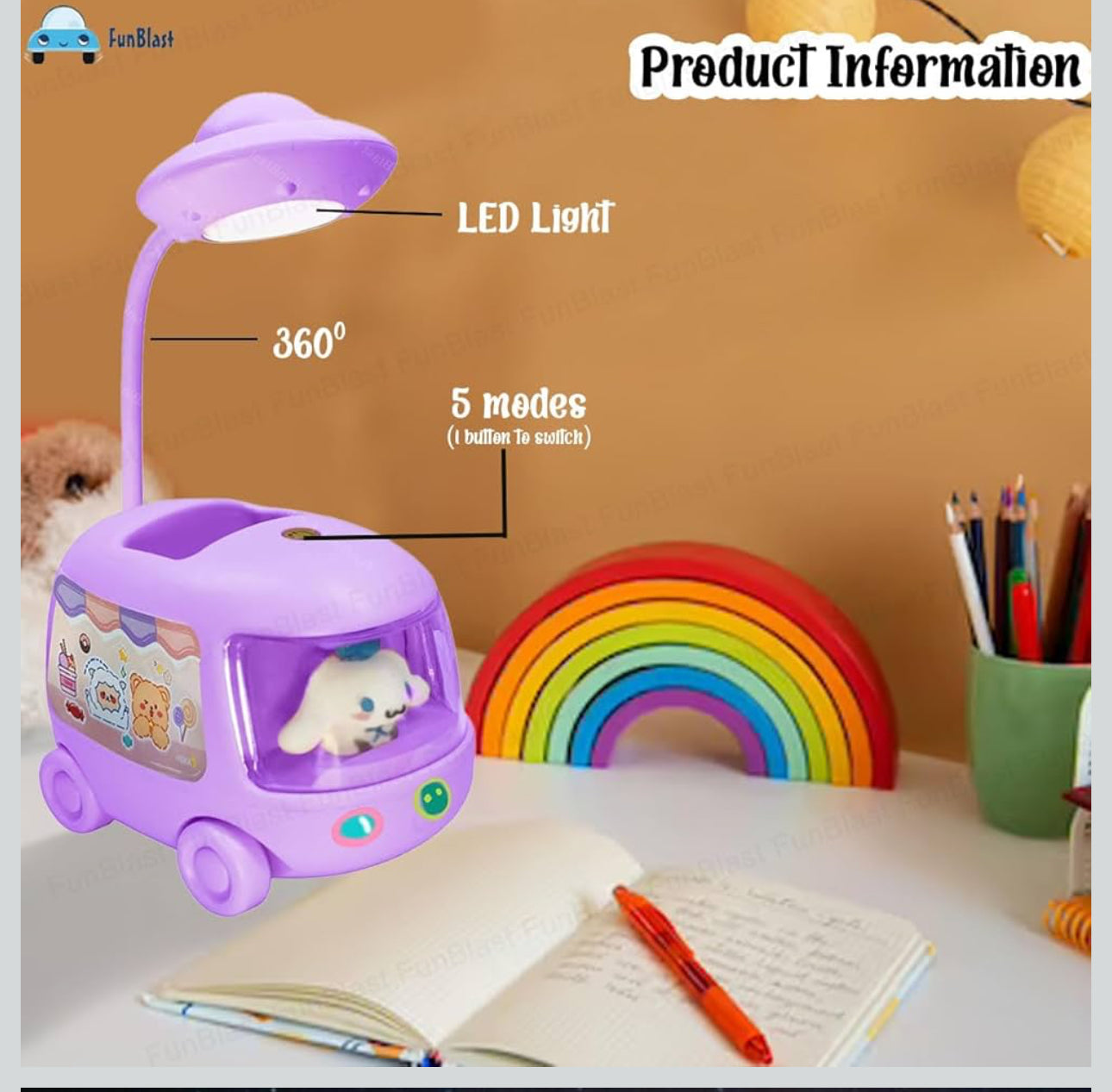 DIY Space Bus Table Lamp-3 in 1 Study Desk LED Lamp and Pen Holder, Stickers with Moving Wheels, USB Rechargeable Desk Lamp-Various Colours