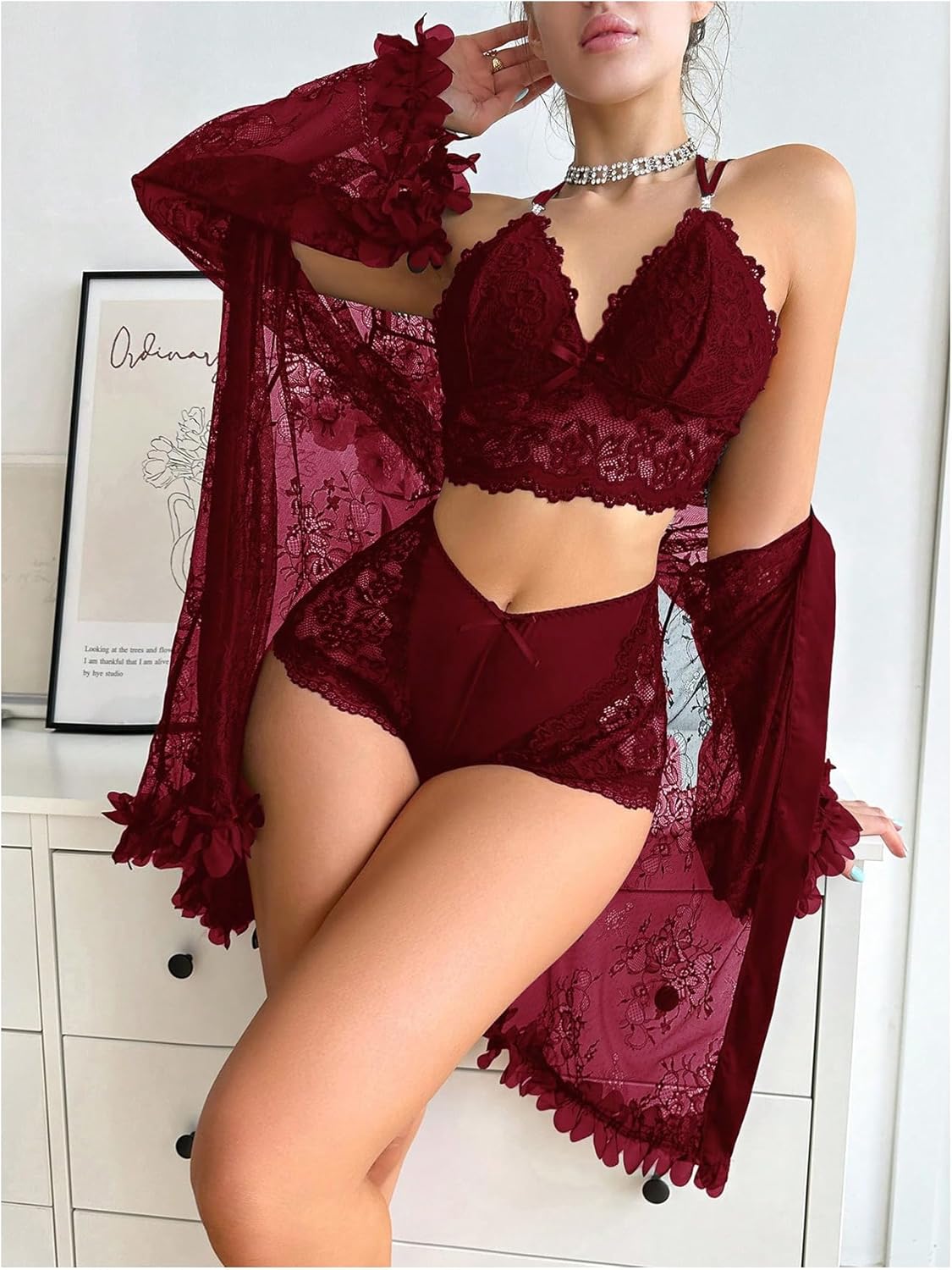 Womens Sexy Lingerie Robe Set - 3 Piece Women's Lingerie Lace Floral Robe with Bra and Panty Set Babydoll Sheer Nightgown-Various Colours
