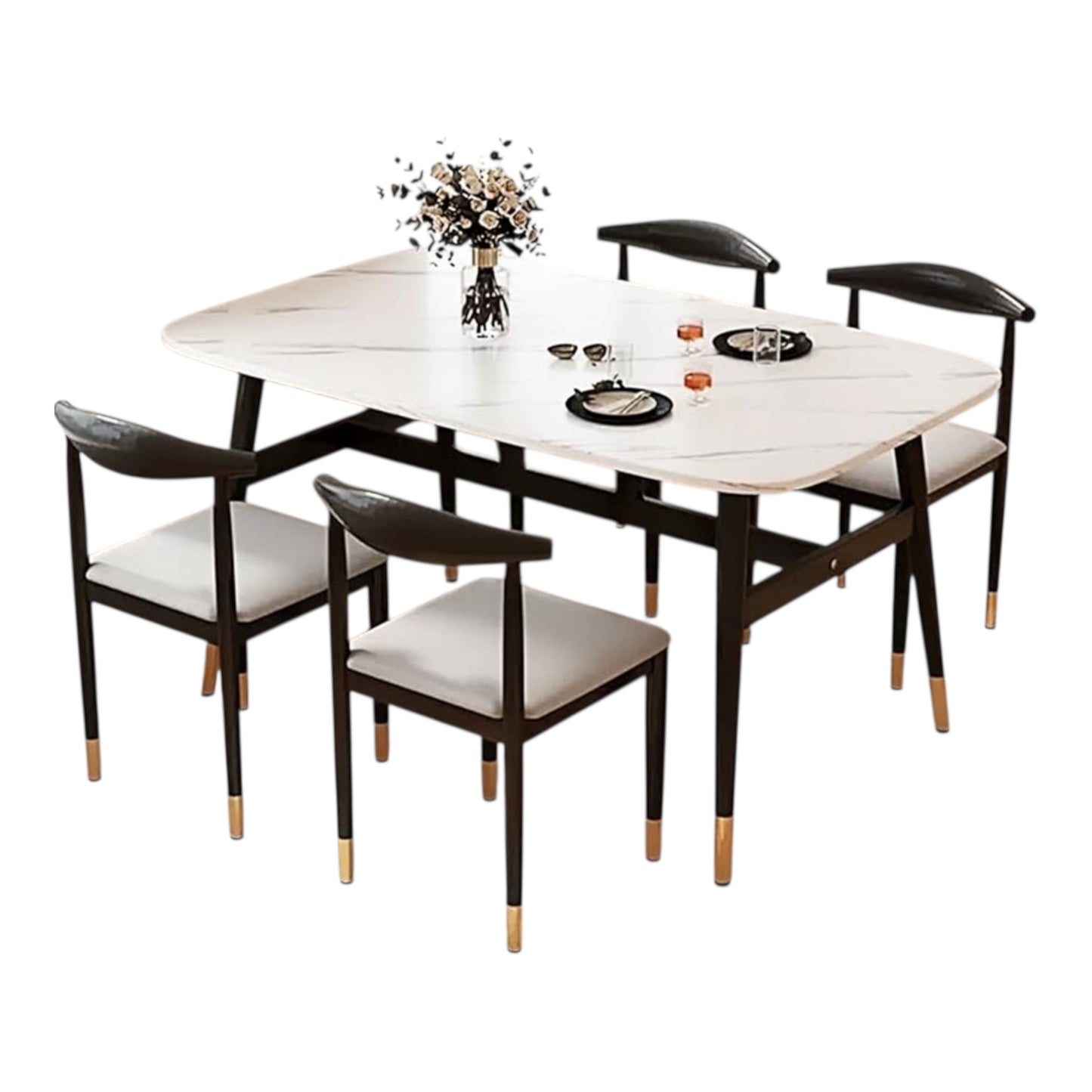 MFurn Modern Dining Table Set for 4 with Upholstered Chairs, Round Breakfast Table with Black Metal Legs ,Stylish Living Room Furniture-Available in Black or White Options