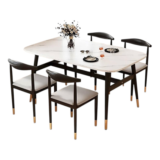 MFurn Modern Dining Table Set for 4 with Upholstered Chairs, Round Breakfast Table with Black Metal Legs ,Stylish Living Room Furniture-Available in Black or White Options