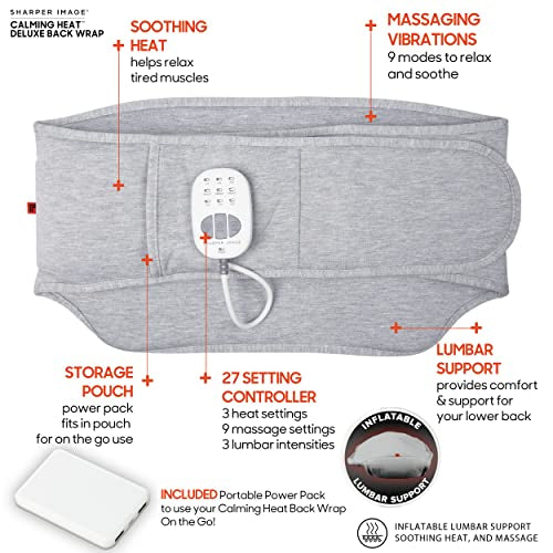Calming Heat Back Wrap Deluxe by Sharper Image- Cordless Electric Back Heating Pad, Inflatable Lumbar, Soothing Heat & Vibration- 27 Settings 3 Heat, 9 Vibration, 3 Lumbar Includes Portable Power Pack
