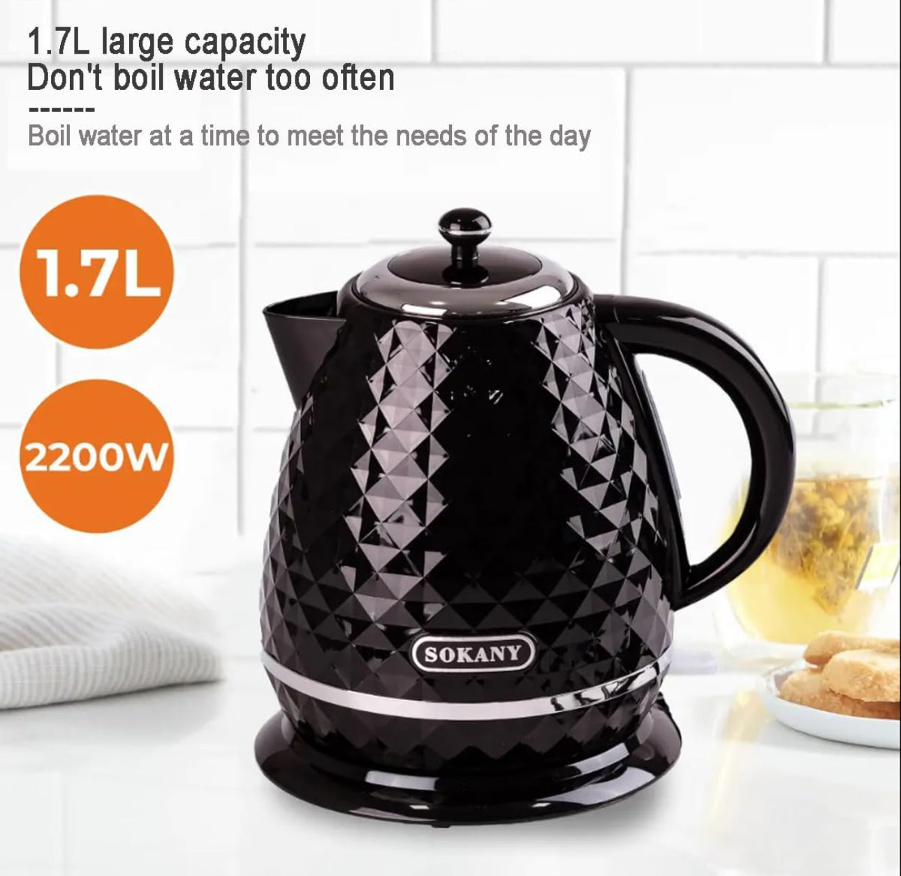 SOKANY SK-1032 Kettle, 2200 W, 1.7 L Teapot, Removable Limescale Filter, Automatic Shut-off, Water Level Indicator, 360°C Base, Black