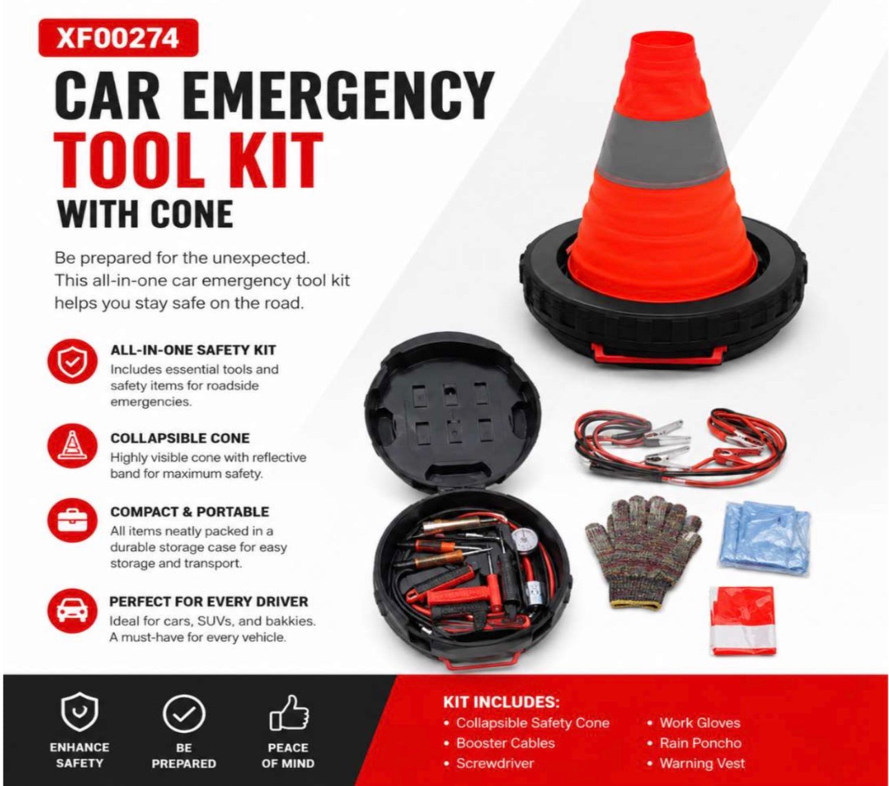 MTech Collapsible Safety Traffic Cones, Emergency Roadside Assistance Kit, 27",with Many Tools, Multipurpose