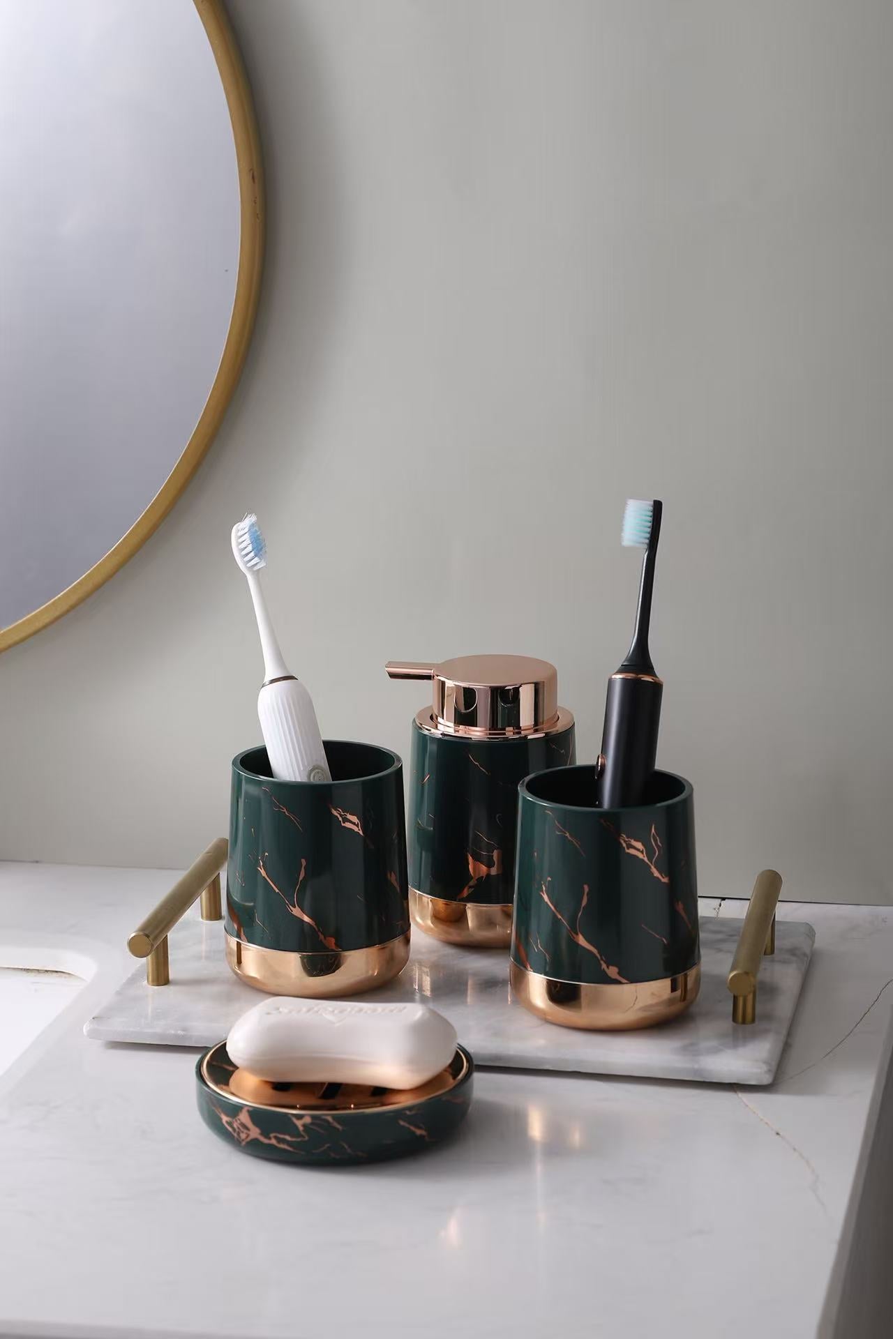 MHome 4-Piece Bathroom Accessory Set – Soap Dispenser, Soap Dish & Toothbrush Holders