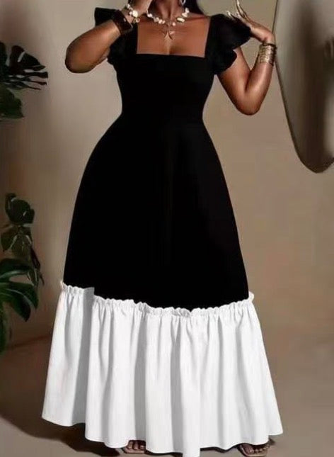 Ladies Two-Tone Ruffle-Sleeve Tiered Maxi Dress-Various Colours