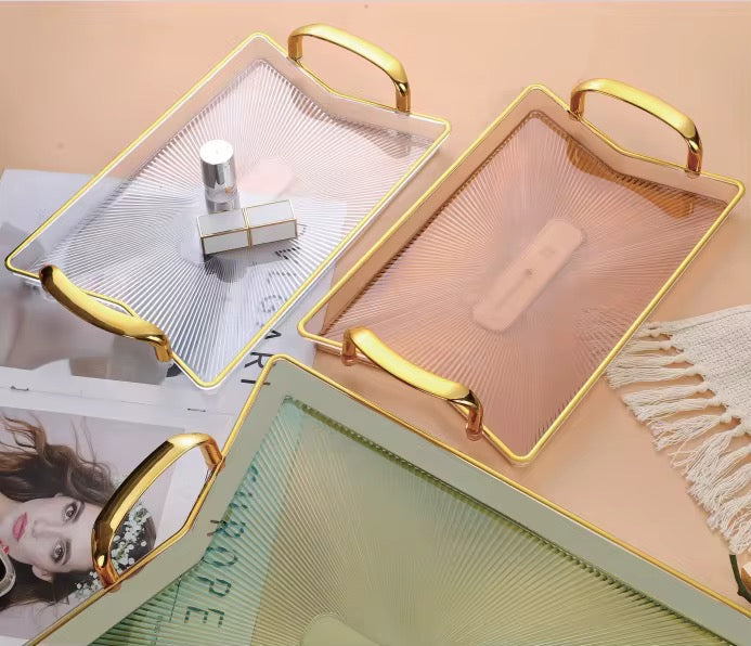 MHome Elegant Acrylic Serving Tray Set with Gold Handles – 3 Sizes