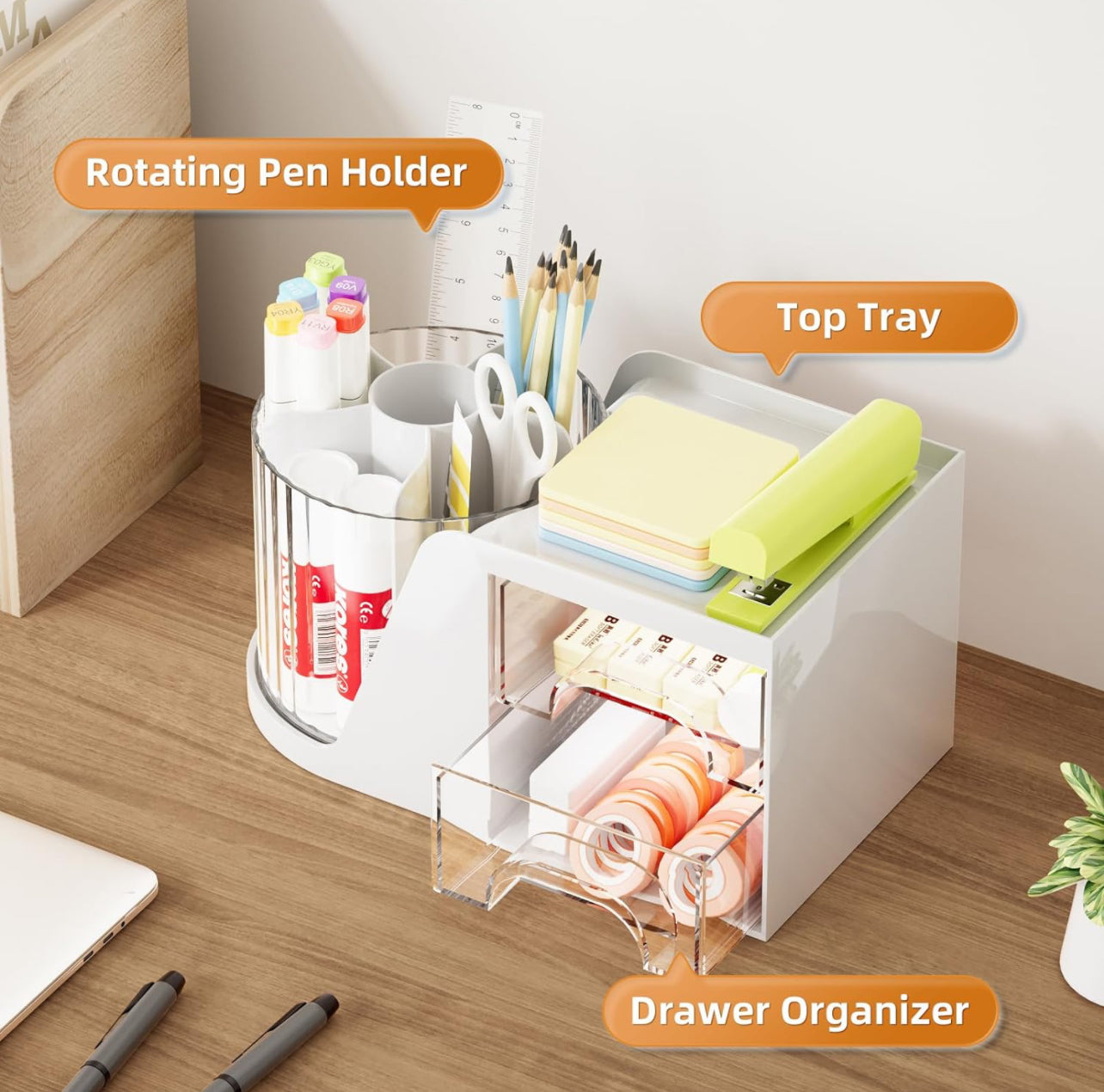 Desk Organizer with 2 Drawer, 360°Rotating Pen Holder for Desk,  with 6 Slots Pencil Organizer + 2 Drawer
