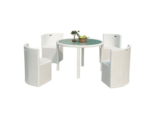 MFurn White 5-Piece Outdoor Wicker Dining Set – Round Glass Table with 4 Curved Chairs
