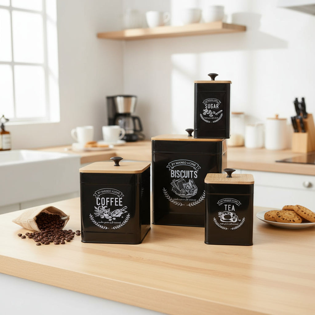 MHome Set of 4 Condiments Canisters Tea,Coffee Sugar & Biscuits-Various Colours