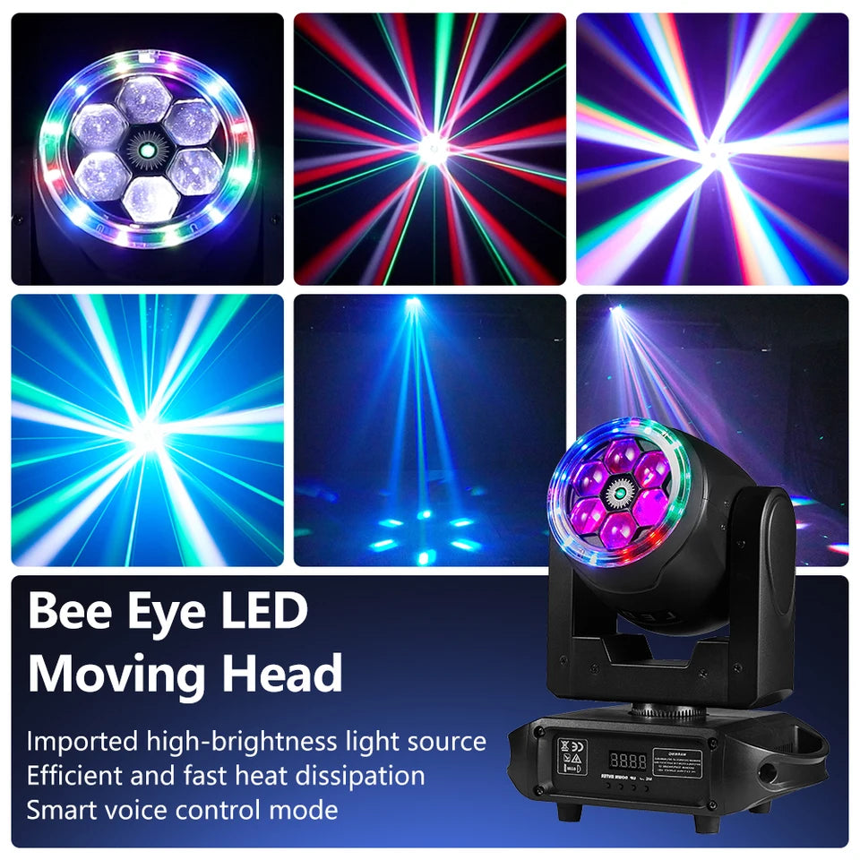 MTech 7x15W RGBW Moving Head Light With Bee's Eye 360° Rotation Halo Strip DMX512 Voice Control for Wedding Party And Ball