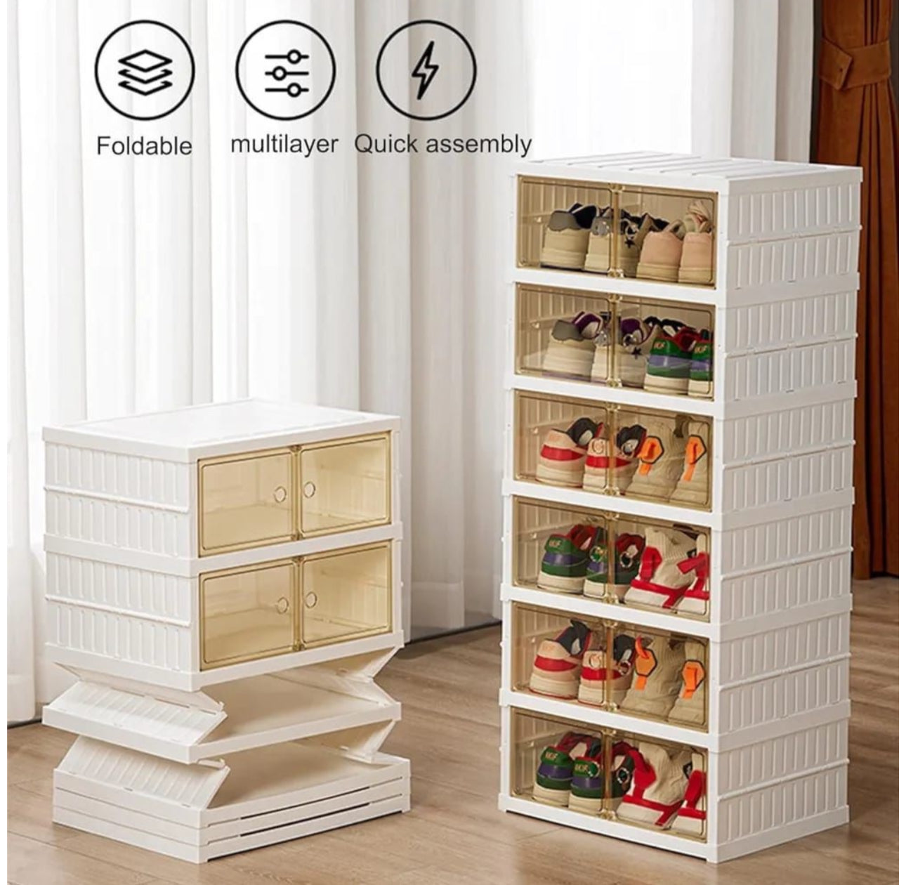MHome 12-Compartment Folding Shoe Storage Cabinet – Transparent Plastic Organizer with Wheels