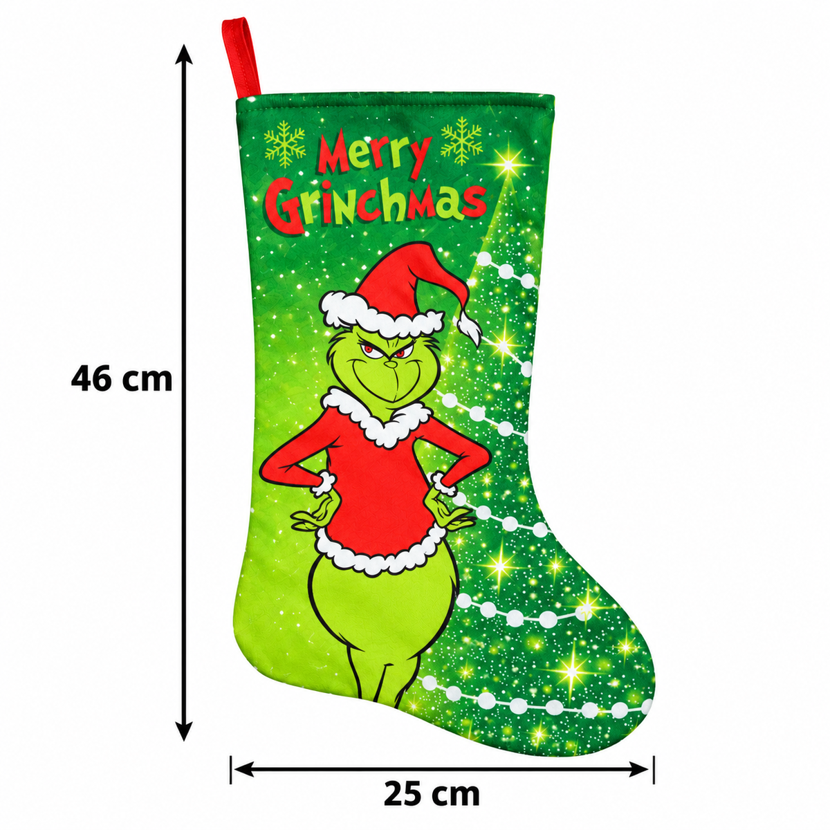 Grinch Christmas Stocking, 46 cm Large Hanging Stocking, Festive Mantel and Fireplace Decoration