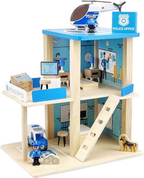 Kids Wooden Police Station Playset, RolePlay Dollhouse, 3-Level with Figures