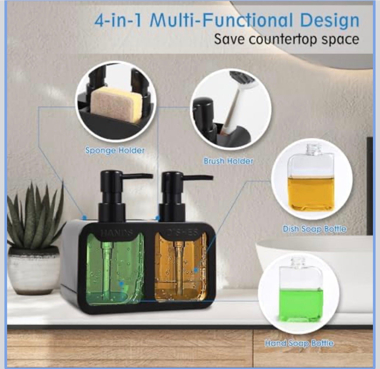 MHome Kitchen Soap Dispenser Set, with Hand and Dish Soap, Sponge Caddy and Brush Holder 4-in-1 Kitchen Dual Soap Dispenser Set for Kitchen Sink, Bathroom - Black or White