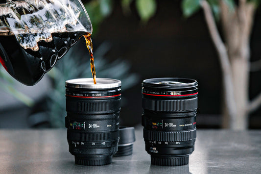 Camera Lens Coffee Mug | Steel Insulated Travel Tea Cup, Thermos Flask 400 ML, Black.