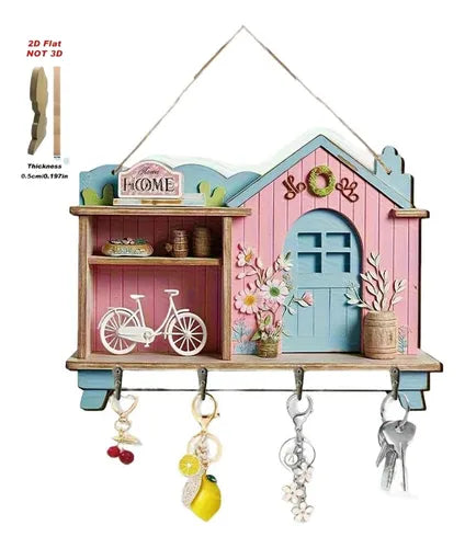 MHome 2D Simple Colorful Wooden And Home Key Hanger With Four Metal Hooks- Various Designs