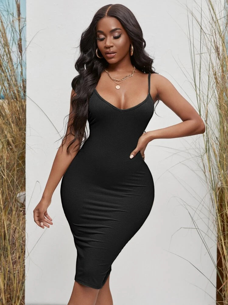 Ladies Ribbed Knit Spaghetti Strap Dress- Various Options
