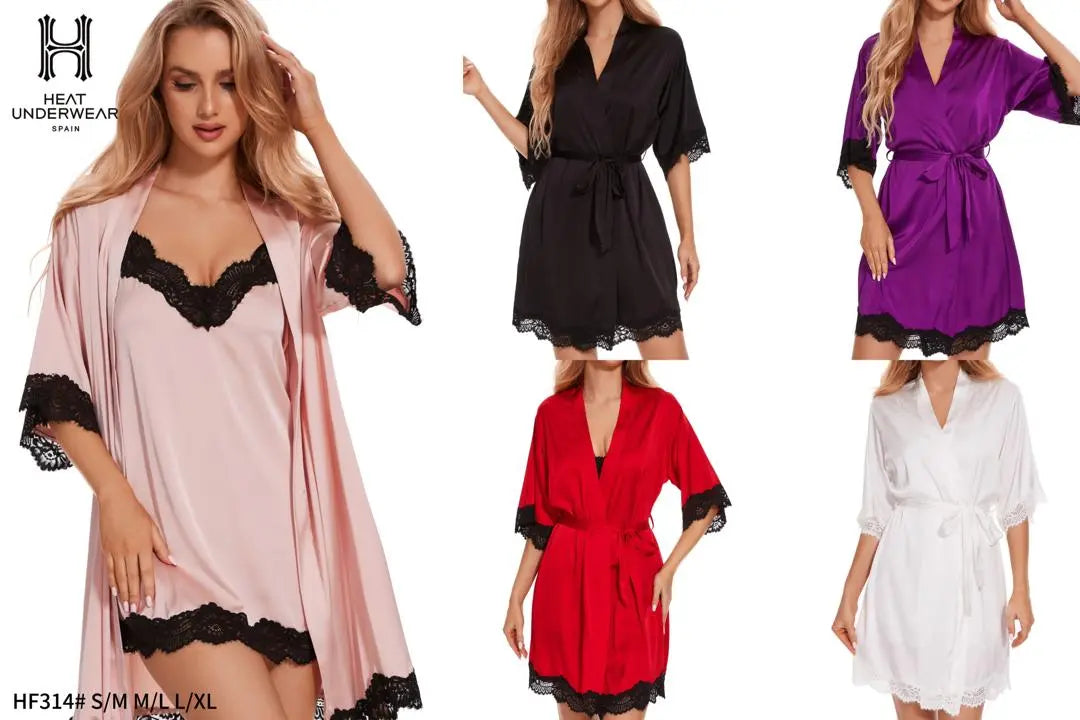 Ladies Satin & Lace Nightgown + Robe Set 2pc