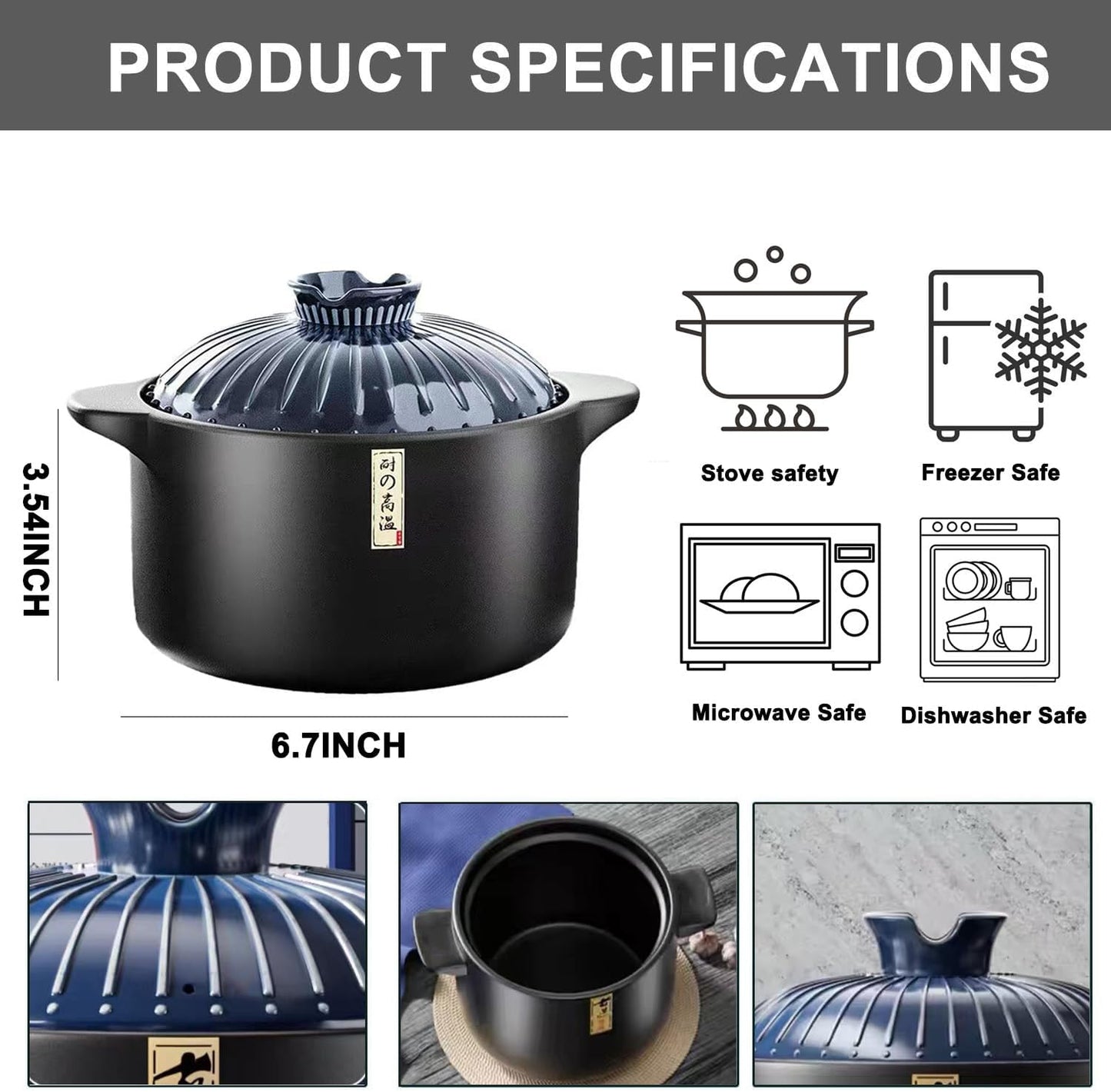 MHome  Ceramic Casserole, With Lid Ceramic Pot,Heat-Resistant Round Stew,Soup Pot-4L