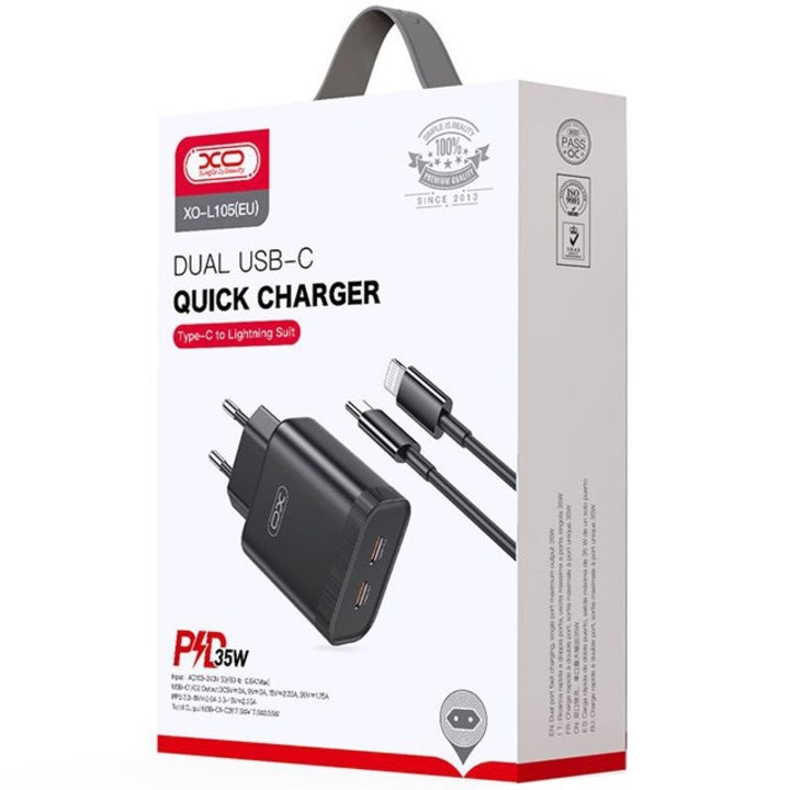 Adapter and Lightning Cable for iPhone, Dual Type-C Charger, Fast Charging 35W, Black.