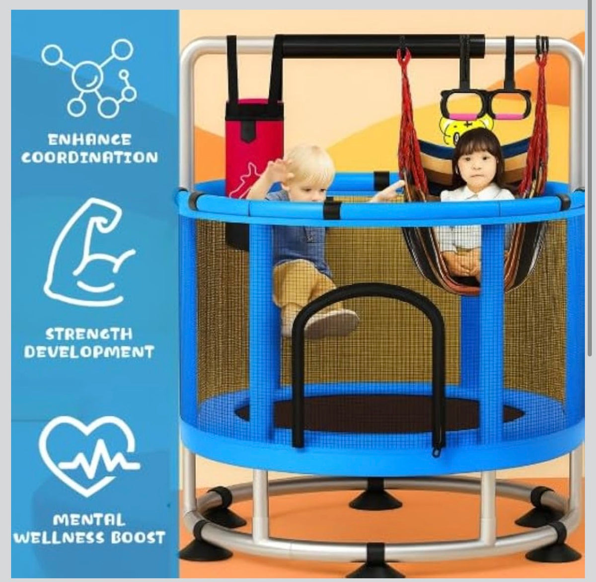Trampoline for Kids with Enclosure, Gymnastics Bar & Toy, 140cm