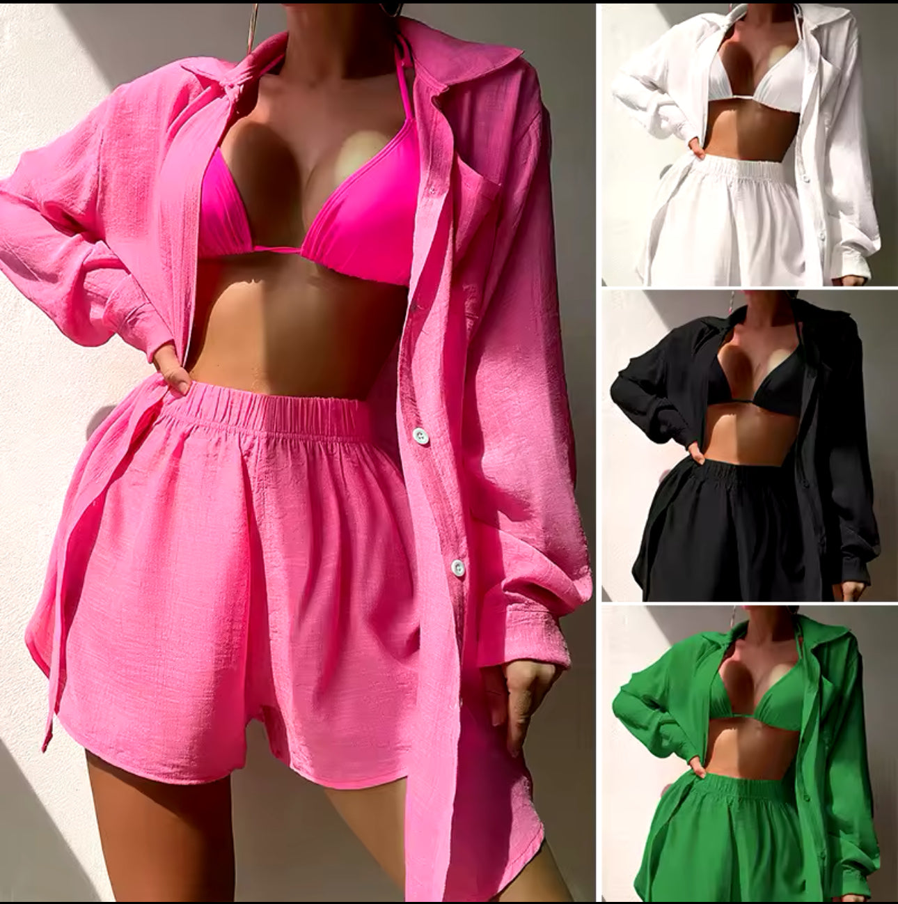 Casual Outfits for Women 3Piece Sets Office Work Beach Holiday Plain Color Shirt Suit Loose Sun Suit Casual Beach Swimsuit Cover up.