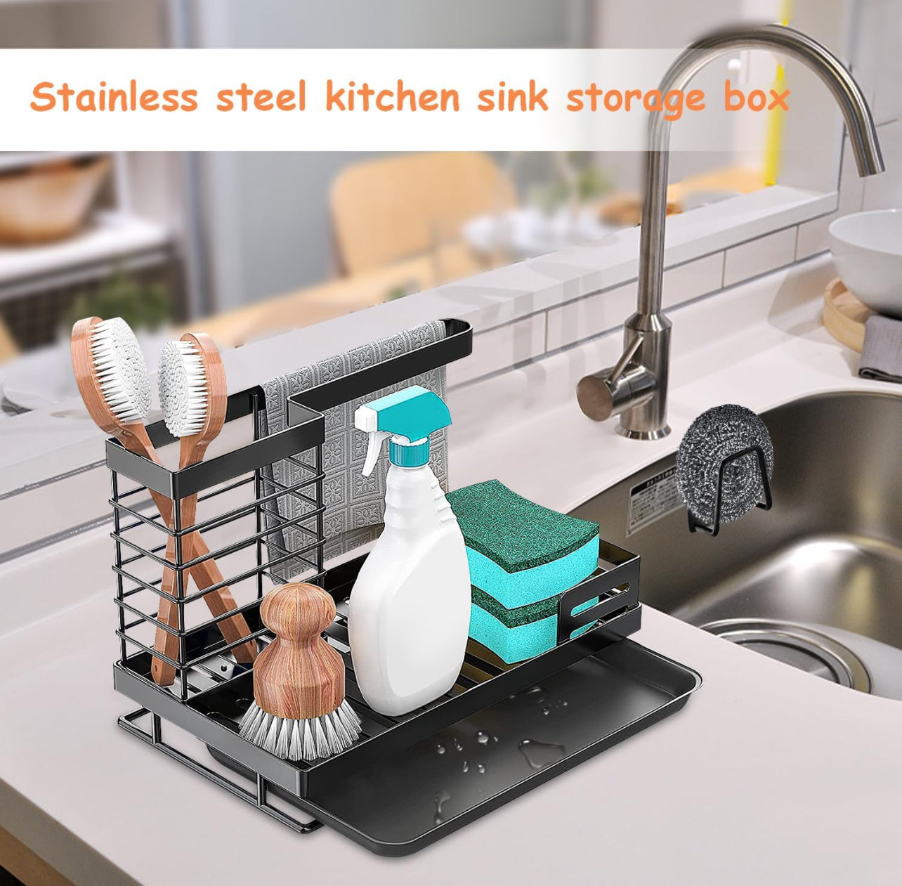 Kitchen Sink Organiser, Black, Sponge Holder, Kitchen Organiser, Sink Dish Cloth Holder Organiser, Sink Organiser, Sponge Holder for Kitchen Sink Storage & Organisation (Black)