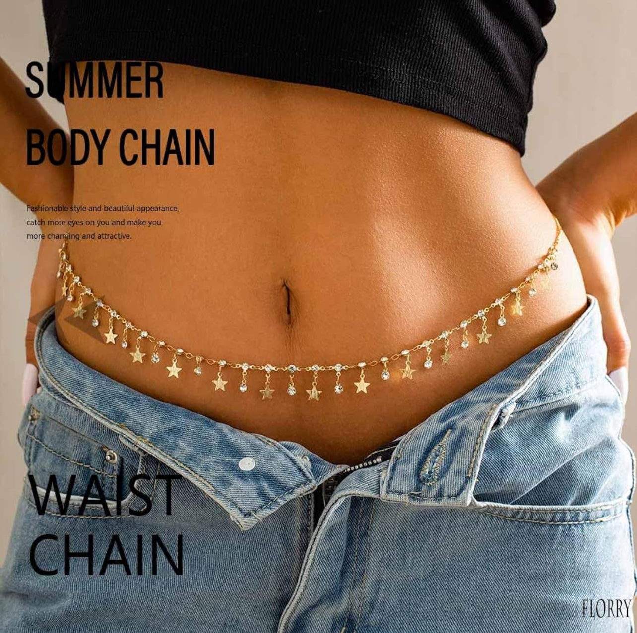 Rhinestone Belly Chain Gold Body Chains for Women Star Waist Chain Crystal Belly Chains for the Waist Star Pendant Body Jewelry Beach Bikini Waist Chains Accessories for Party Prom Concert