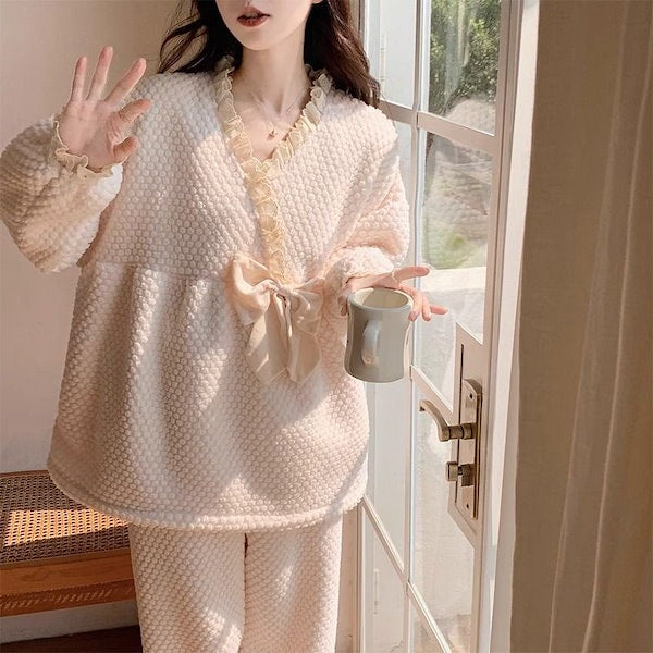 Ladies Coral Fleece Pyjamas  Autumn/Winter Thick Padded Warm Sweet Lace Suit Winter-Various Colours
