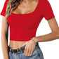 Women’s Short Sleeve Square Neck Crop Tops Basic Slim Fit Cropped T-Shirt