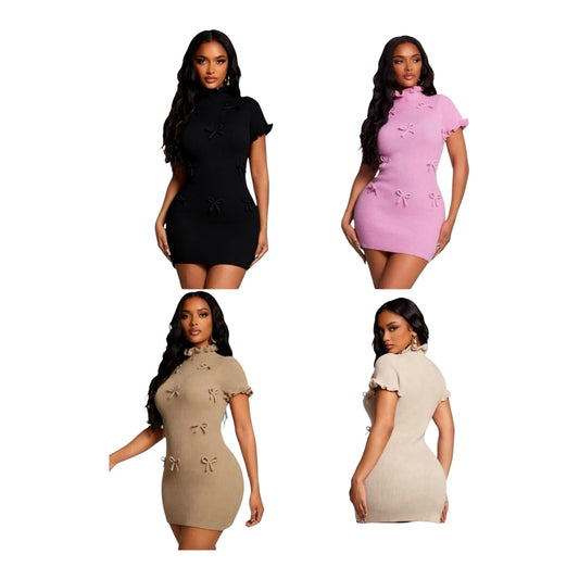 Ladies Coquette Style Ribbed Knit Mini Dress-Various Colours