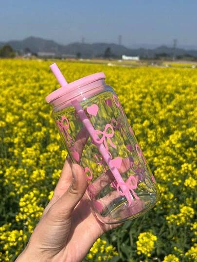 MHome Unbreakable Plastic Tumbler 450ml with Lid and Straw – Bow Print Sipper Glass for Cold Coffee, Juice and Water