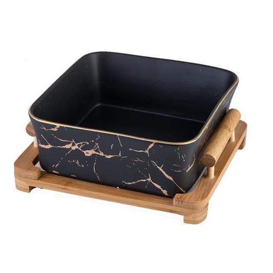 MHome Marble Ceramic Serving Bowl with Wooden Base