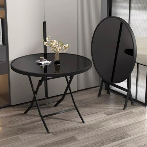 MFurn Round Glass Top Folding Table – Black Iron Frame (Various Sizes)